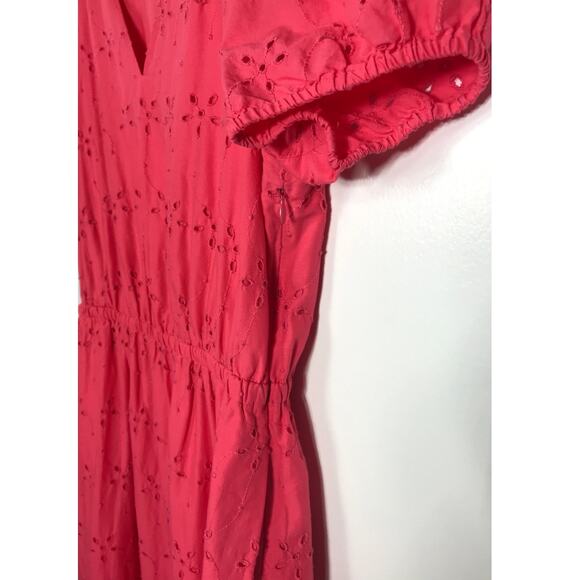 J. Crew Midi Dress Women's 8 Pink V Neck Puff Sleeve Eyelet Tiered Feminine - Picture 7 of 13